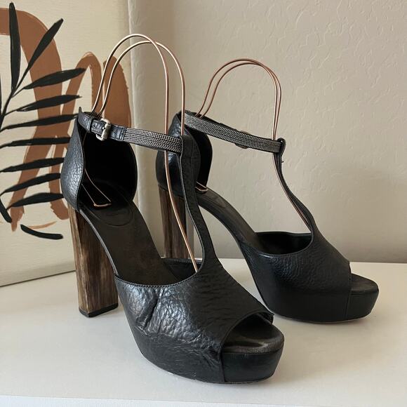 Brunello Cucinelli Black Leather Platform Block Heel Peep‎ T-Strap Sandals 40.5 - Picture 3 of 13